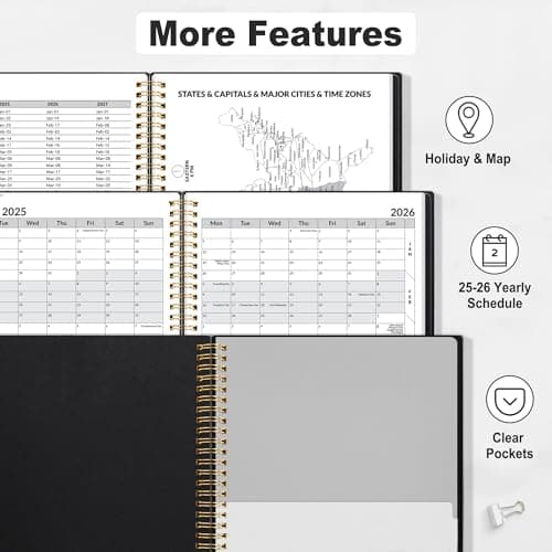 SUNEE Academic Planner 2025-2026 Weekly and Monthly, July 2025-June 2026, 8.5"x11", Tabs, Note Pages, Pockets, Bookmark, Flexible Cover, Spiral Binding, Black 6