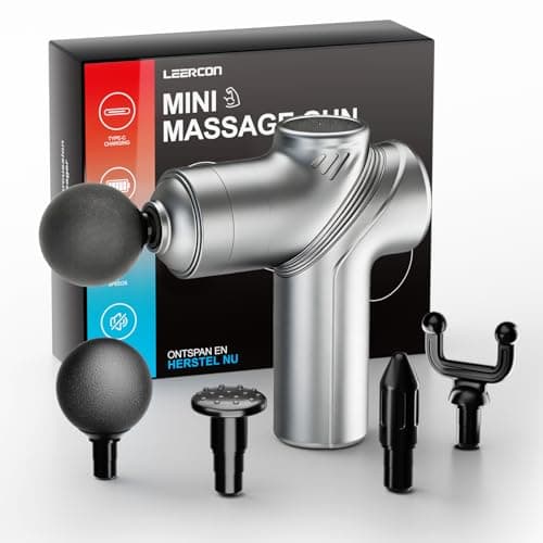 LEERCON Deep Tissue Mini Massage Gun, Muscle Percussion Massager for Athletes, 4 Massages Head and 6 Speeds for Pain Relief, Grey