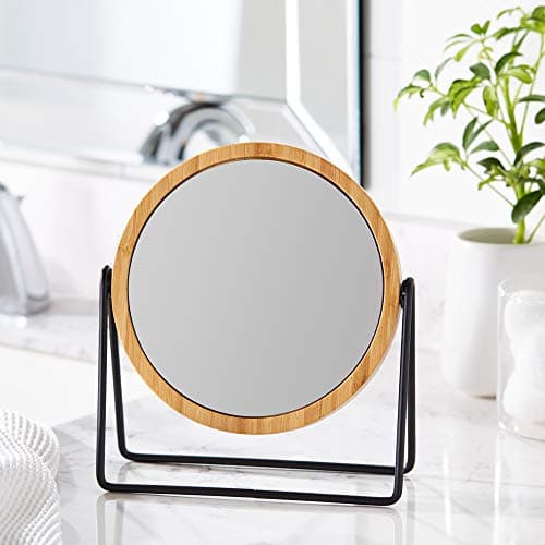 Amazon Basics Vanity Round Tabletop Mirror with Bamboo Rim, Double Sided Magnifying, 360° Rotation, Black, 7.2"L x 2.87"W 5