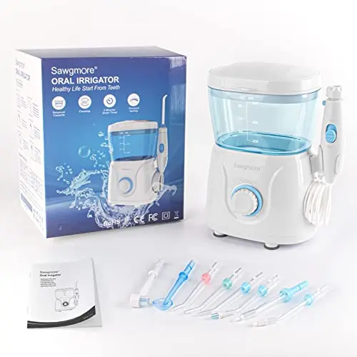 Sawgmore Water Flosser Oral Irrigator, 600 ml Large Capacity, 10 Adjustable Pressures, Electric Flosser for Teeth/Braces, 8 Home Nozzles Oral Irrigator(White) 8