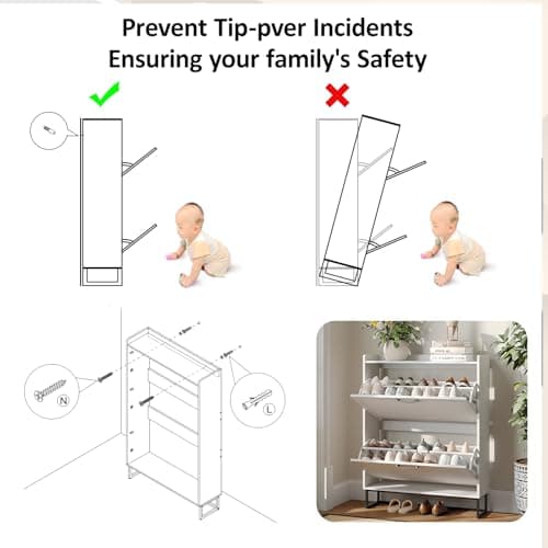 Maupvit Shoe Storage Cabinet with 2 Flip Louvered Doors, Freestanding Organizer with Metal Legs, Shoe Cabinet for Entryway, Narrow Shoe Rack Cabinet, White 6