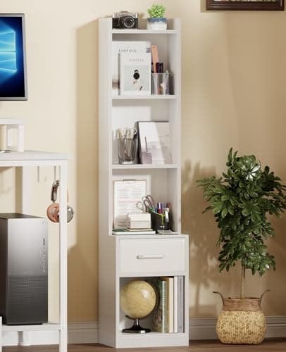 Furologee 6 Tier Bookshelf with Drawer, White 53" Tall Narrow Bookcase, Corner Open Cube Shelves, Modern Wood Floor Standing Rack, Display Storage Shelf for Living Room, Bedroom, Office, Bathroom 6