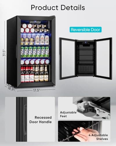 Feelfunn Beverage Refrigerator and Cooler - 126 Can Mini Fridge Glass Door for Soda Beer Wine - Freestanding Beverage Fridge for Bedroom Office Bar, 4 Adjustable Shelves, 3.2 Cu.Ft, Black 7