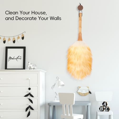 FeelfunFeather Feather Duster, Lambswool Duster for Cleaning,with Solid Wooden Handle,Leather Hang Strap,Anti-Static 14.9 inch Washable Reusable Small Hand Duster(Natural) for Office, Home and Car 6