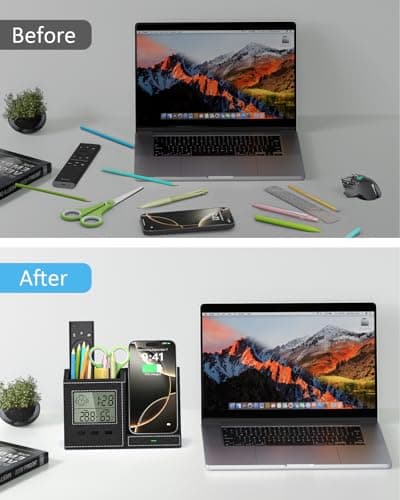 Multifunctional Pen Holder and Organizer for Desk with Wireless Charger, Digital Indoor Thermometer and Humidity Gauge, Home Office Organizers and Storage (Battery Included) 8