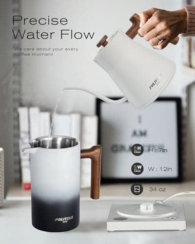 POLIVIAR Electric Gooseneck Kettle, 1200W Electric Tea Kettle Real Wood Handle, 34oz Pour Over Electric Kettle for Coffee & Tea, 18/8 Stainless Steel Inner, Temperature Control & Rapid Heating 7