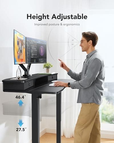 HUANUO 48″ x 24″ Electric Standing Desk with 2 Drawers, C-Clamp Mount Compatible, Height Adjustable Computer Desk, Home Office Stand Up Desk with 4 Preset Heights & 2 Hooks, Black 5