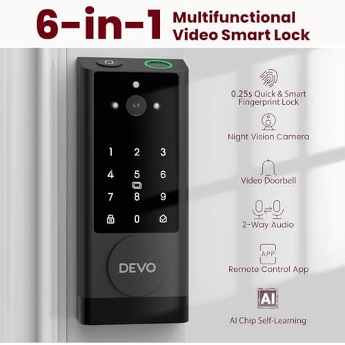 DEVO G1 Video Smart Lock with Camera & Doorbell, 6-in-1 Keyless Entry Door Lock with Fingerprint, App Remote, Auto Lock, Built-in Wi-Fi Smart Deadbolt for Front Door, IP65 Waterproof, Easy Install 2