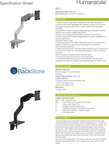 Humanscale M8.1 Adjustable Monitor Arm with Two Piece Clamp Mount and Base - Silver M81CMSBTB 8