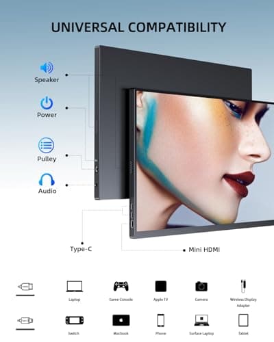 UPERFECT Portable Monitor 18.5" 120HZ 100% sRGB Portable Laptop Monitor w/VESA & Cover, FreeSync HDR Gaming Monitor, 350Nits USB-C & HDMI Travel External Second Screen for Laptop, PC, Game Consoles 6