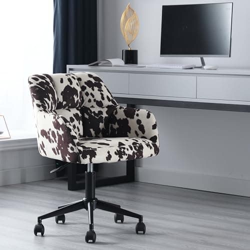 RIVOVA Cow Print Chair Modern Velvet Office Desk Chair with Armrest, Height Adjustable Wide Seat Computer Task Chair for Home Office, Mid Back Accent Chair, Cow