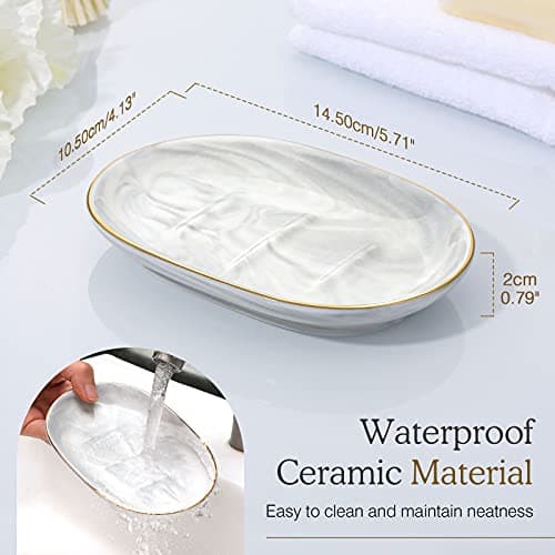 Luxspire Soap Dish Holder, Ceramic Marble Soap Tray Bar Soap Holder with Gold Trim, Oval Sponge Case Box Hand Soap Plate Container for Bathroom Vanity Shower Kitchen Sink Easy Cleaning, Marble White 7