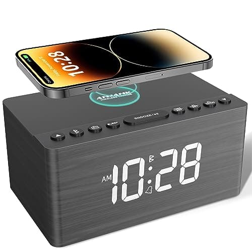 ANJANK Wooden Bluetooth Speaker, Alarm Clock with FM Radio, Qi Certified Fast Wireless Charging Station for iPhone/Samsung, USB Charger Port, Dimmable Display, Digital Wood Clock for Bedroom, Bedside