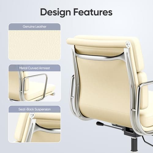 OTDMEL Mid-Back Executive Genuine Leather Office Chair, with Aluminum Arms and 5-Star Base, Modern Rolling Desk Chair with Silent Wheels, Lumbar Support, High-Adjustable, Tilting for Home & Office 7