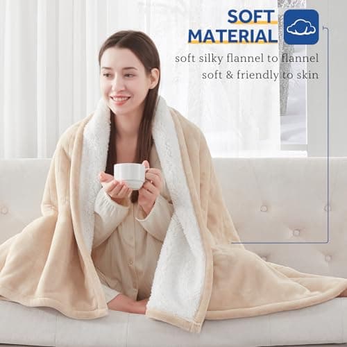 SEALY Electric Blanket King Size, Flannel & Sherpa Heated Blanket with 10 Heating Levels & 1-12 Hours Auto Shut Off, Fast Heating Warming Blanket, Machine Washable, Beige, 100 x 90 Inch 6