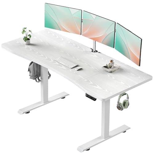 Veken 63 x 28 Inch Electric Standing Desk, Sit to Stand Up, Work Home Office Computer Table for Study, Walking Pad, Writing, and Games, Wooden Desktop Desks, White