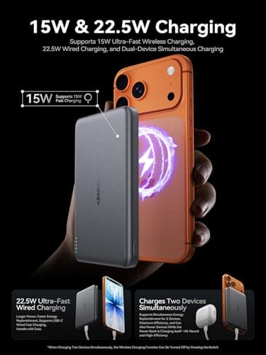 THREEKEY 0.5‘’ Ultra Slim for MagSafe 10K Portable Charger, 10000mAh Card Slim Magnetic Power Bank,15W Wireless Fast Charging Battery Pack for iPhone 17 Air 16 15 14 13 12 Pro Max Plus (Ice Gray) 6