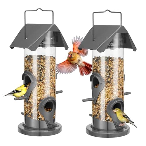 Veehoo 2 Packs 10 inch Tube Bird Feeders for Outdoors Hanging-Wild Bird Feeder Tube with 4 Feeding Ports for Outside Hanging, Plastic Weatherproof Hanger Bird Feeder-Hanging Bird Finch Feeders Grey 8