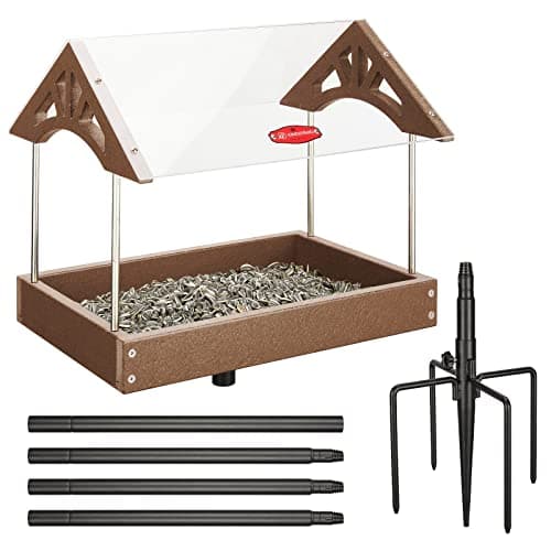 Kingsyard Large Platform Bird Feeder with Metal Mesh Tray, Pole Mount Bird Feeders with Weather Protective Top, 5 lbs Seed Capacity, Brown