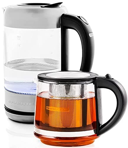 OVENTE 1.7L Electric Kettle and Tea Maker Pot Combo, 1500W BPA Free Water Boiler Heater with Easy to Fill Lid, 27oz Borosilicate Glass Teapot, Removable Stainless Steel Infuser, Silver KG612S + FGK27B