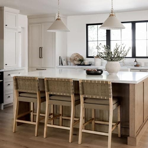 Nathan James Cohen Mid-Century Modern Leather Bar Stool, Counter Height Chair in Solid Wood Frame with Footrest and Woven Leather Back for Kitchen, Natural Brown, 1 count, Barstool - 24" 5