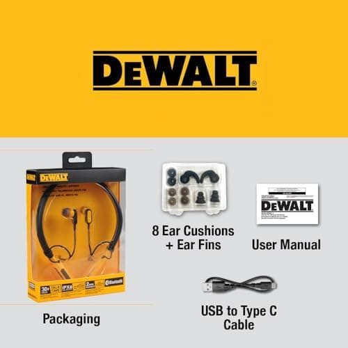 DEWALT Heavy Duty Bluetooth Neckband Headphones, Wireless Around The Neck Earbuds w/ 30H Runtime + Noise Isolation, Secure Magnetic Wireless Earbuds, Jobsite Pro Built-in Mic Bluetooth Headsets 9