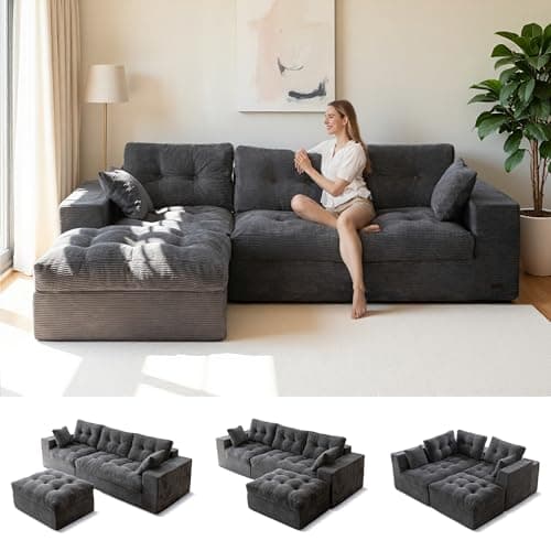 MAXYOYO L-Shaped Sectional Sofa with Convertible Left/Right Ottoman, Cloud Boneless Modular Couch, Layered Cushion & Tufted Upholstered, 4-in-1 Flexible Combination, No Assembly, Dark Grey