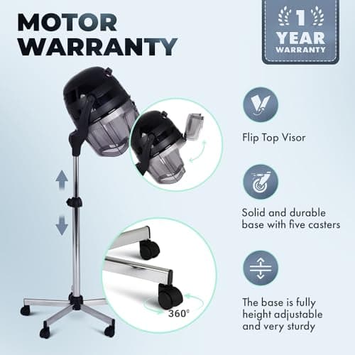 Pibbs 514 Kwik Dri 1100W Professional Salon Hair Dryer with Timer, Temp Control, Adjustable Height & Head, Rolling Caster Base, Flip-Top Visor, CE Certified, Made in Italy, Black, PIB-514 5