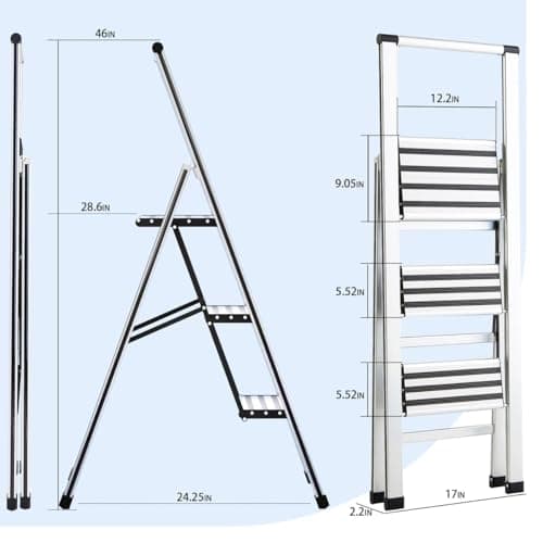 Step Ladder 3 Step Folding Aluminum Small Step Stool with Handle for Kitchen Closet, 4Ft Foldable Steping Stool for Adults Seniors, Wide Anti Slip Pedal, 300lbs Lightweight Portable Ladders for Home 6
