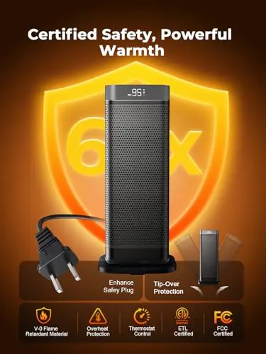 Space Heaters for Indoor Use, 1500W Portable Heater with Remote and Thermostat, 90° Oscillation, 4 Modes, 12H Timer, Overheating & Tip-Over Protection, Quiet Electric Heaters for Home, Office, Bedroom 5