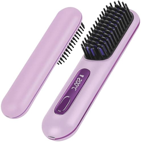 Numoya Go Brush Pro - Cordless Hair Straightener Brush Portable Comb for Travel, USB Charging, Fast Heating, with LCD Display (Purple)
