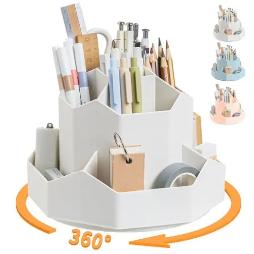Cayxenful Pencil Pen Holder for Desk,9 Slots 360 Degree Rotating Desk Organizers,Desktop Storage Stationery Supplies Organizer, Cute Pencil Cup Pot For Office, School, Home(White)