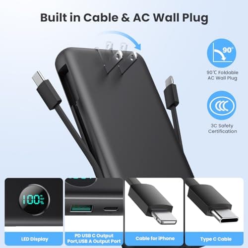 Portable Charger USB C Power Bank with 2 Built in Cables & AC Wall Plug,13800mAh Portable Battery Pack Fast Charging Compact LED Display Universal Compatible with iPhone 17/16,Galaxy S23,Tablets etc 7