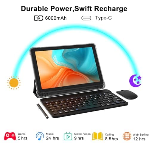 CUPEISI Android 15 Tablet 10 Inch, 20GB RAM+128GB ROM/2TB Expandable, 2.0GHz Quad-core Processor, 1280*800 HD Screen, 5G WiFi6 BT 5.0, 2 in 1 Tablets with Keyboard Case Mouse Stylus, Widevine L1 Black 7
