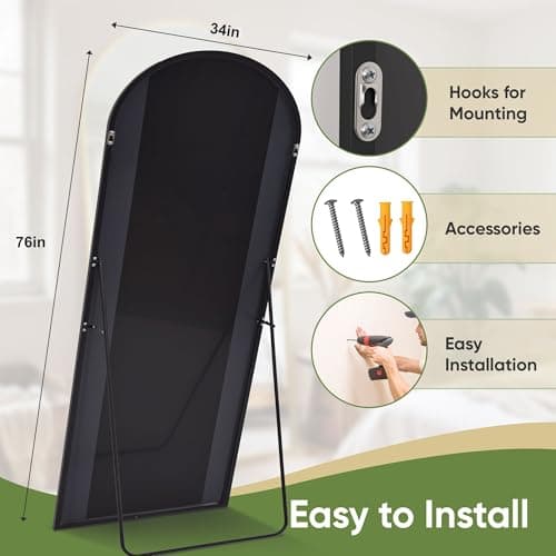 Furnbar Floor Mirror, 76"x34" Oversized Full Length Mirror with Stand, Arched Full Body Mirror Standing Hanging Leaning Against Wall, Aluminum Frame Giant Mirrors for Bedroom Cloakroom, Black 7