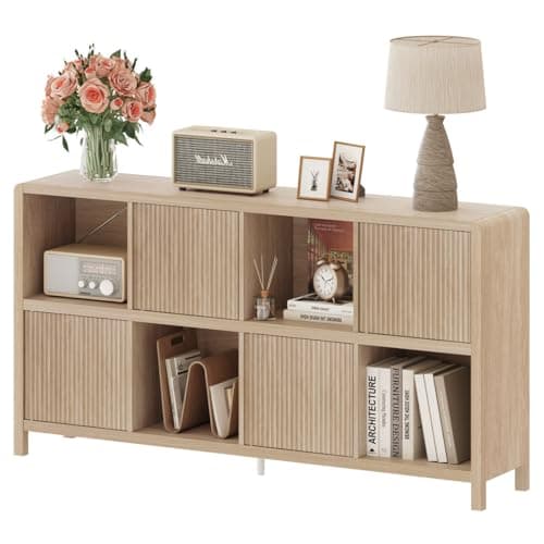 FATORRI 8 Cube Bookshelf with 4 Doors, Modern Mid Century Wood Book Shelf with Storage, Low Horizontal Cubby Bookcase for Home Office (Light Walnut)