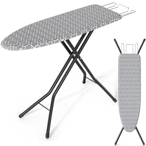 KINGBOARD Foldable Ironing Board Full Size, Iron and Ironing Board Set Standard Size, Iron Boards with Ironrest & Adjustable Height,Heavy Duty Iron Table Stand with Metal Legs &Thick Cover,43x13 Gray