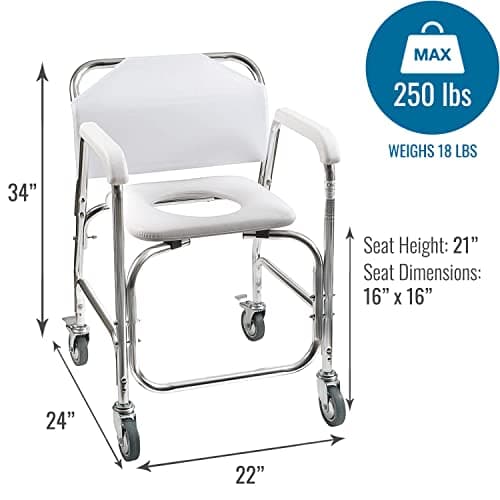 DMI Rolling Shower Chair, Commode, Transport Chair, FSA Eligible, Rolling Bathroom Wheelchair for Handicap, Elderly, Injured or Disabled, 250 Lb. Weight Capacity, Aluminum Frame, White 5