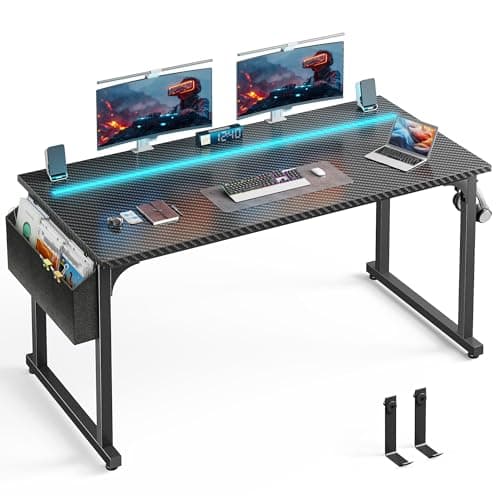 DurayLoly 55 Inch Gaming Desk with LED Lights,Computer Desk with Storage Bag for Home Office, Simple Office Desk with Headphone Hook for Study Writing Work Desk,Sturdy Metal Frame,Black