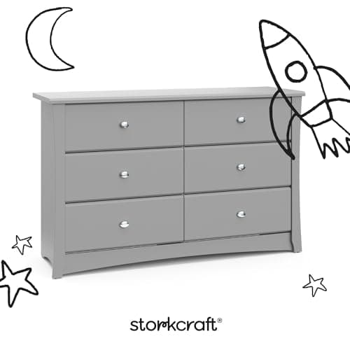 Storkcraft Crescent 6-Drawer Dresser (Pebble Gray) – GREENGUARD Gold Certified, Gray Dresser for Bedroom, Kids & Nursery Storage Chest, Safety Interlocking Drawers, Pre-Installed Tracks, Kids Chest 6