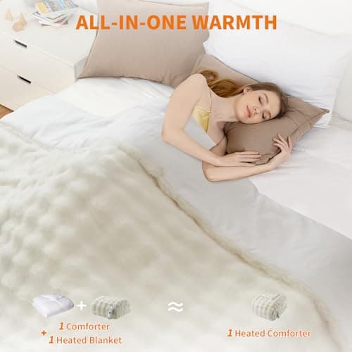 GarveeHome Heated Comforter Queen Size with Wireless Remote & Dual Zone Control, Luxury Faux Fur Electric Bedding Blanket, 6 Heat Levels & Auto Shut-Off, for Couples, Beige 6