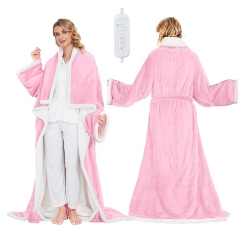 Portable Heated Blanket - Wearable Heated Blanket Throw with Foot Pockets, Sleeves Flannel Sherpa Wearable Blanket 8 Heating Levels & Timer Snuggle Blankets for Home Office-50*70" Pink Robes for Women