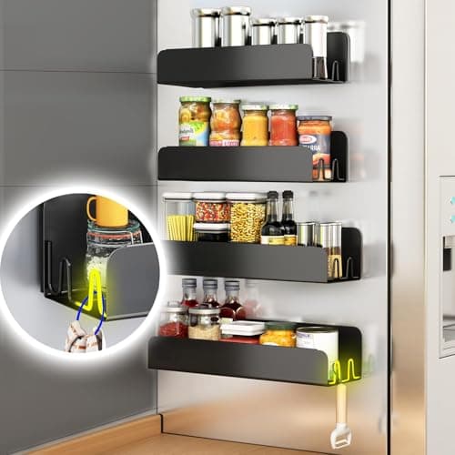 Magnetic Spice Rack for Refrigerator, Magnetic Shelf Fridge Spice Rack Organizer 2 Pack with 8 Hooks, Moveable Strong Magnetic Seasoning Organizer and Shelf for Kitchen Refrigerator Microwave 8