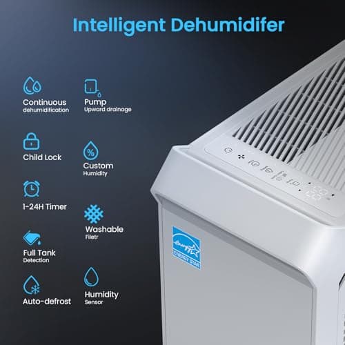 3,500 Sq.Ft Most Efficient Energy Star 2024 Dehumidifier with Pump, Vellgoo Max 60 Pint/D (Standard 35 Pint/D) Compressor Dehumidifier for Basement with Drain Hose, Intelligent Humidity Control 7