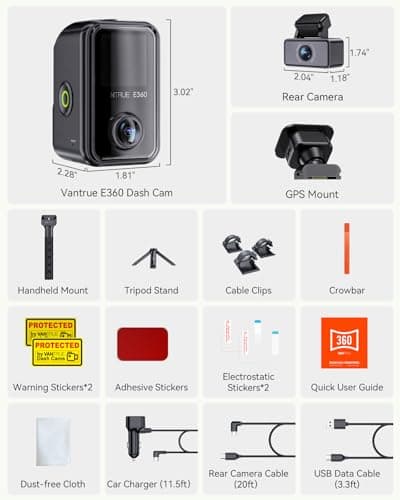 Vantrue E360 ACE 3 Channel WiFi Dash Cam, Dual STARVIS 2, 2.7K Front Rear Inside Dashcam, Handheld Action Camera, HDR, IR Night Vision, Voice Control, GPS, 24/7 Parking Mode, Support LTE & 1TB Max 9
