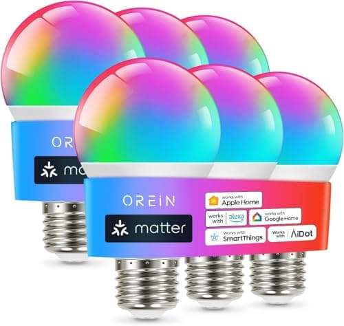 OREiN Matter Smart Light Bulb, Smart Light Bulbs Work with Apple Home, Alexa, Google Home, SmartThings, A19 Color Changing Light Bulbs 2.4Ghz WiFi, 800 Lumens Equivalent 60W 6Pack