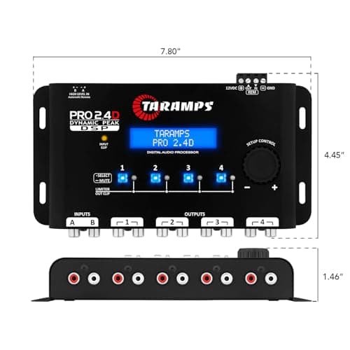 Taramps Pro 2.4D Dynamic Peak DSP Crossover Full Digital Signal Car Audio Processor and Equalizer, RCA and High Level Input, 4-Channel Out, 5-Band Input, Eq 12 preset, Peak and RMS Limiter Function 6