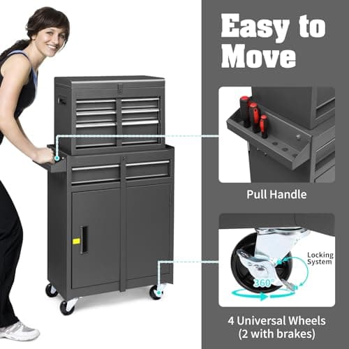 Winado 4-Drawer Rolling Tool Chest with Wheels & Lock, Tool Box with Large Storage Cabinet and Adjustable Shelf, Removable Portable Top Box for Garage, Warehouse, Factory 6