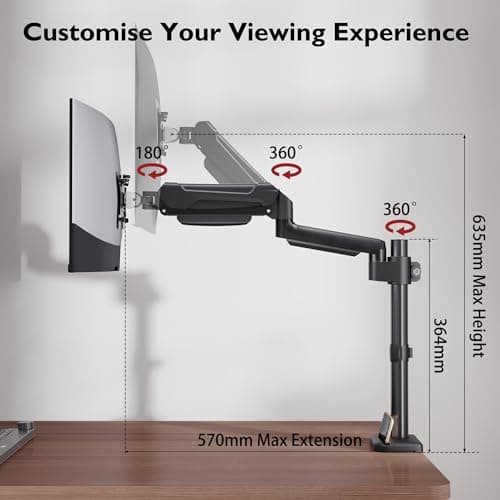 BONTEC Monitor Arm for 13–34 Inch Screens, Ergonomic Gas Spring Single Monitor Mount, Full Motion Desk Stand with Tilt Swivel Rotation, VESA 75x75mm 100x100mm, C Clamp, Grommet Base, Cable Management 5