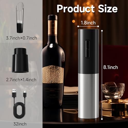 Electric Wine Opener, Automatic Wine Bottle Corkscrew with Air Pump, Foil Cutter, Pourer, Vacuum Stoppers (4PCS)， Professional Easy Rechargeable Vino Opener Set Suitable for Home, Travel 6